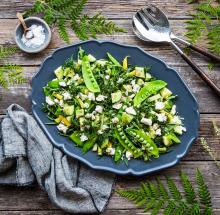 Gurksallad med sockerärtor, bönor, avokado och dill