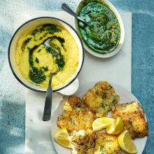 Frasig citrontorsk med potatismos och pistagepesto